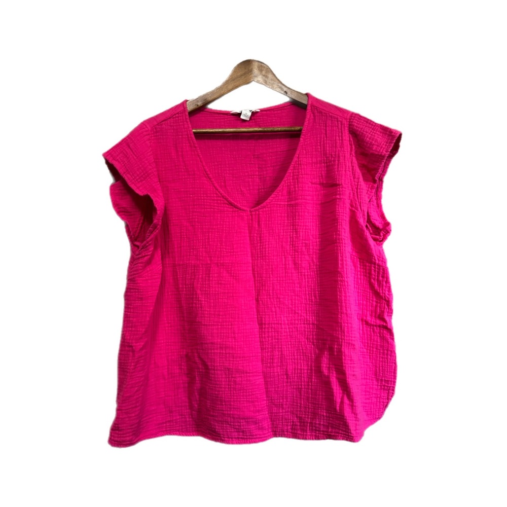 Three Dots V-Neck Flutter Sleeve Top Womens XL Pink Excellent Gauze Cotton